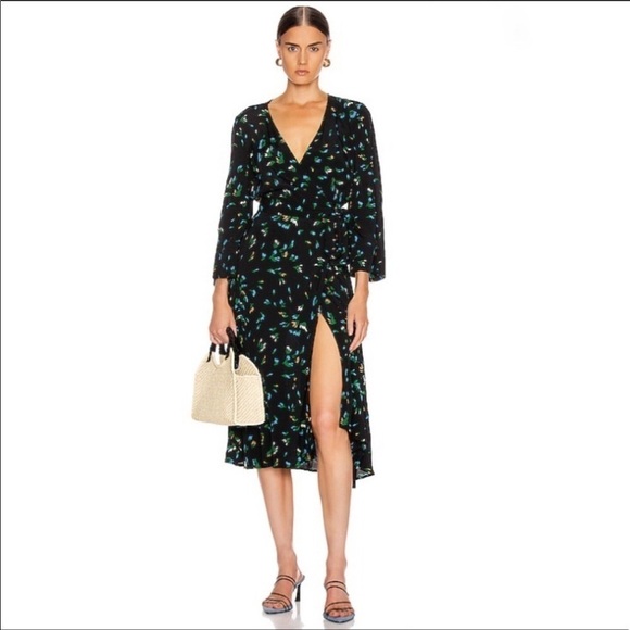 Ganni Printed Crepe Wrap Dress in Verdant - Picture 1 of 8